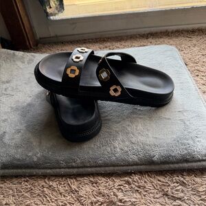 Black womens Slide Sandals with Gold Accent